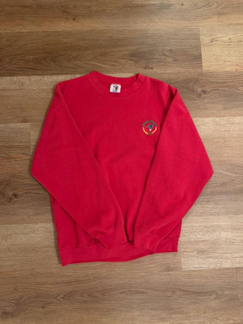 Duck Head Red Crewneck Sweatshirt with Small Embroidered Chest Logo
